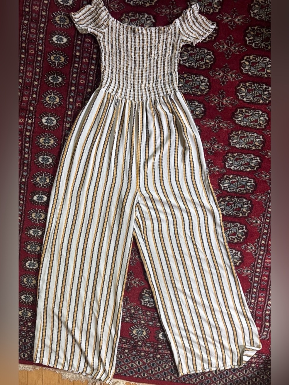 Striped Off-Shoulder Jumpsuit in White and Mustard